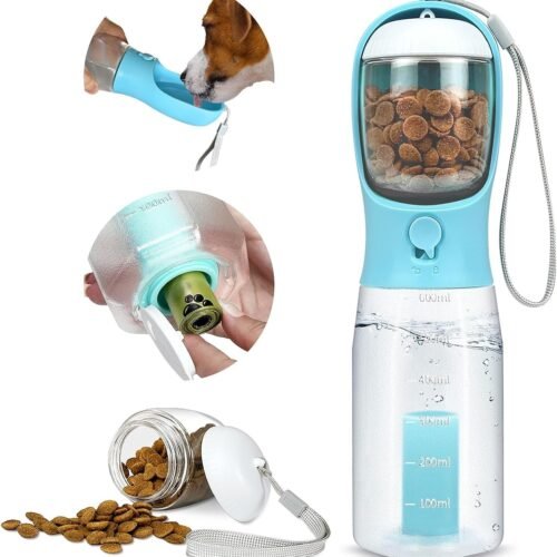 Dog Water Bottle Portable 3 in 1,Travel Dog Water Bowl with Garbage Bag Storage & Food Container